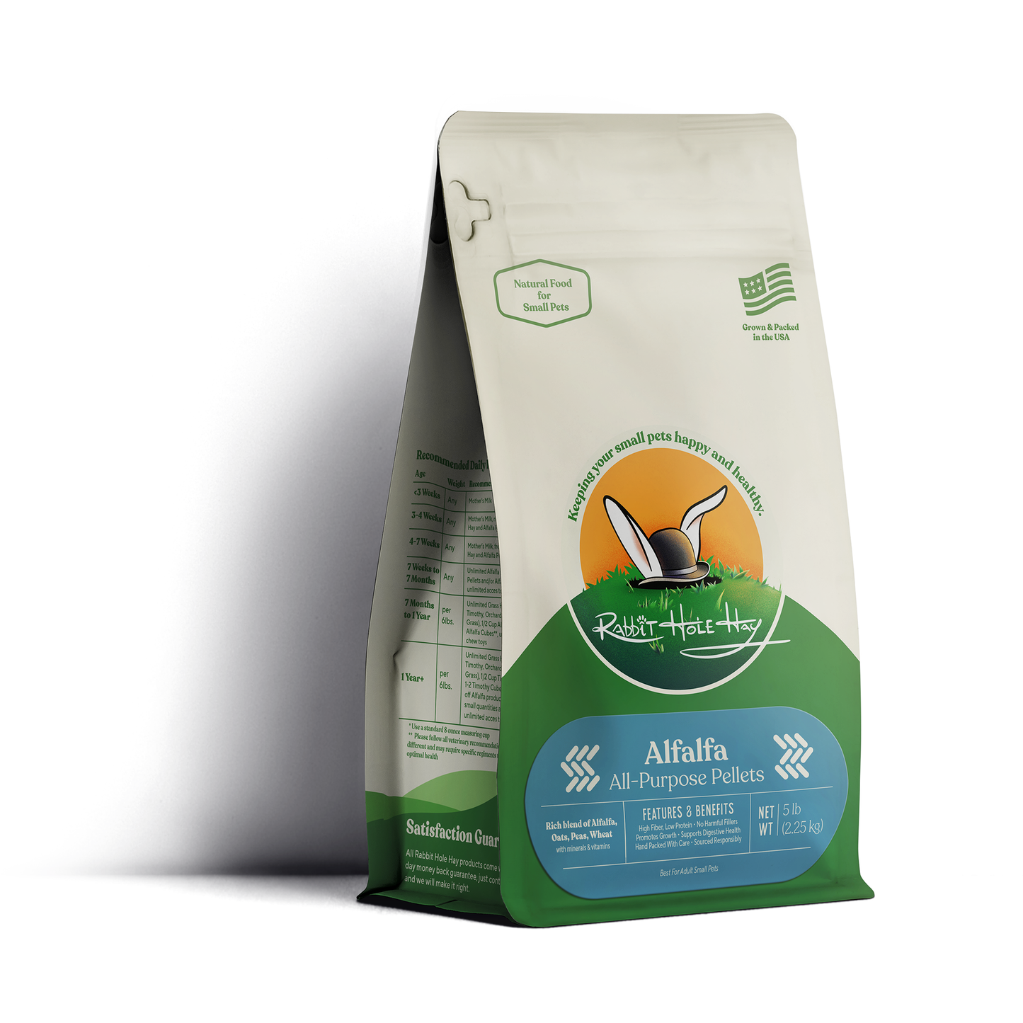 Natural alfalfa pellets for rabbits by Rabbit Hole Hay, showing small, green, compressed hay pellets in a clear container.