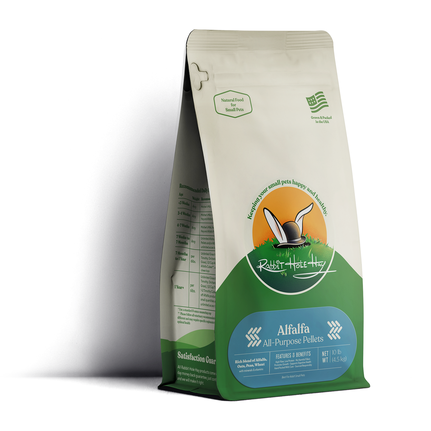 Natural alfalfa pellets for rabbits from Rabbit Hole Hay, showing green, textured hay pellets suitable for small animals.