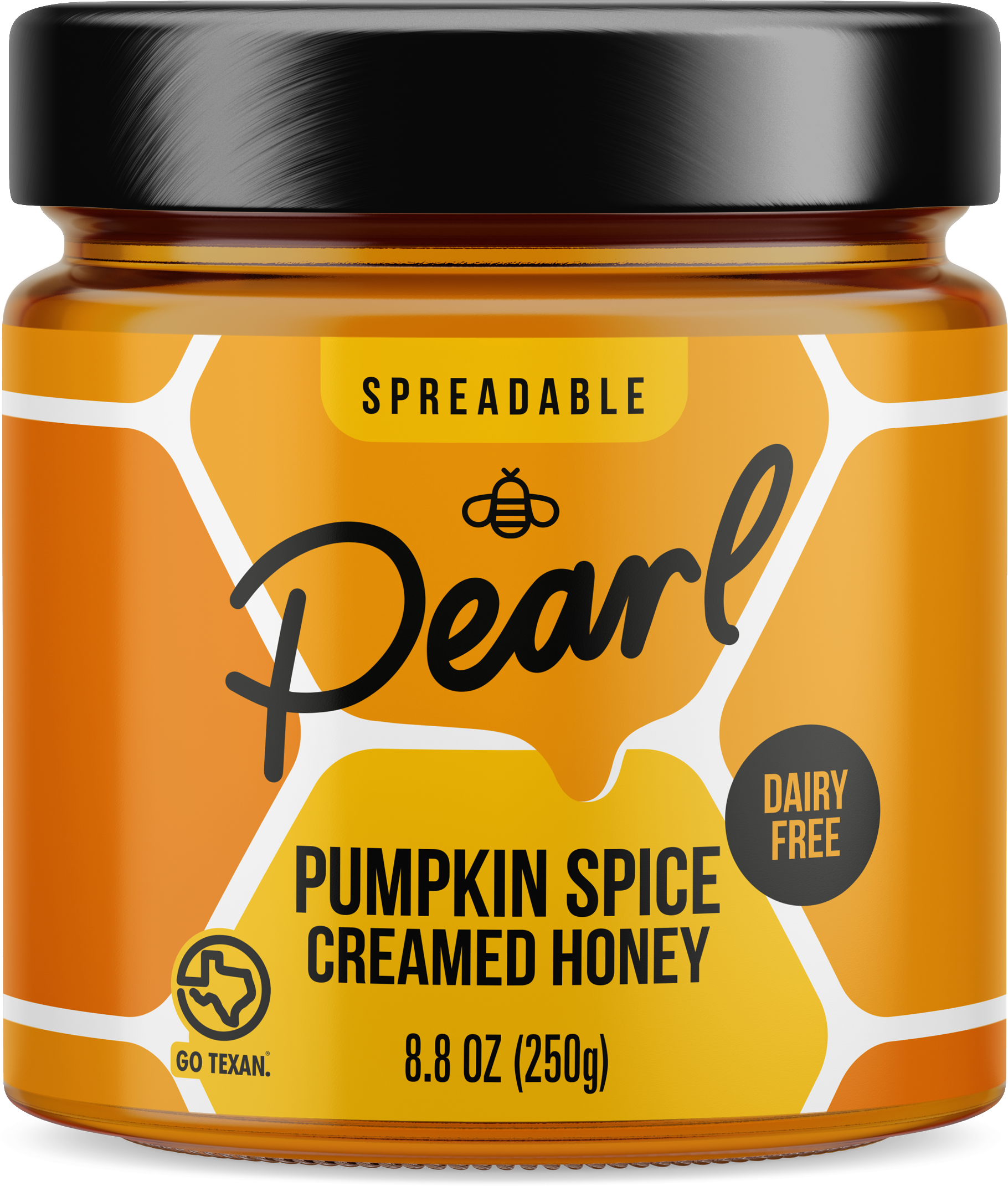 Creamed honey with pumpkin spice flavor from Pearl Honey Spreads, featuring a jar of rich, spiced honey with pumpkin aroma.