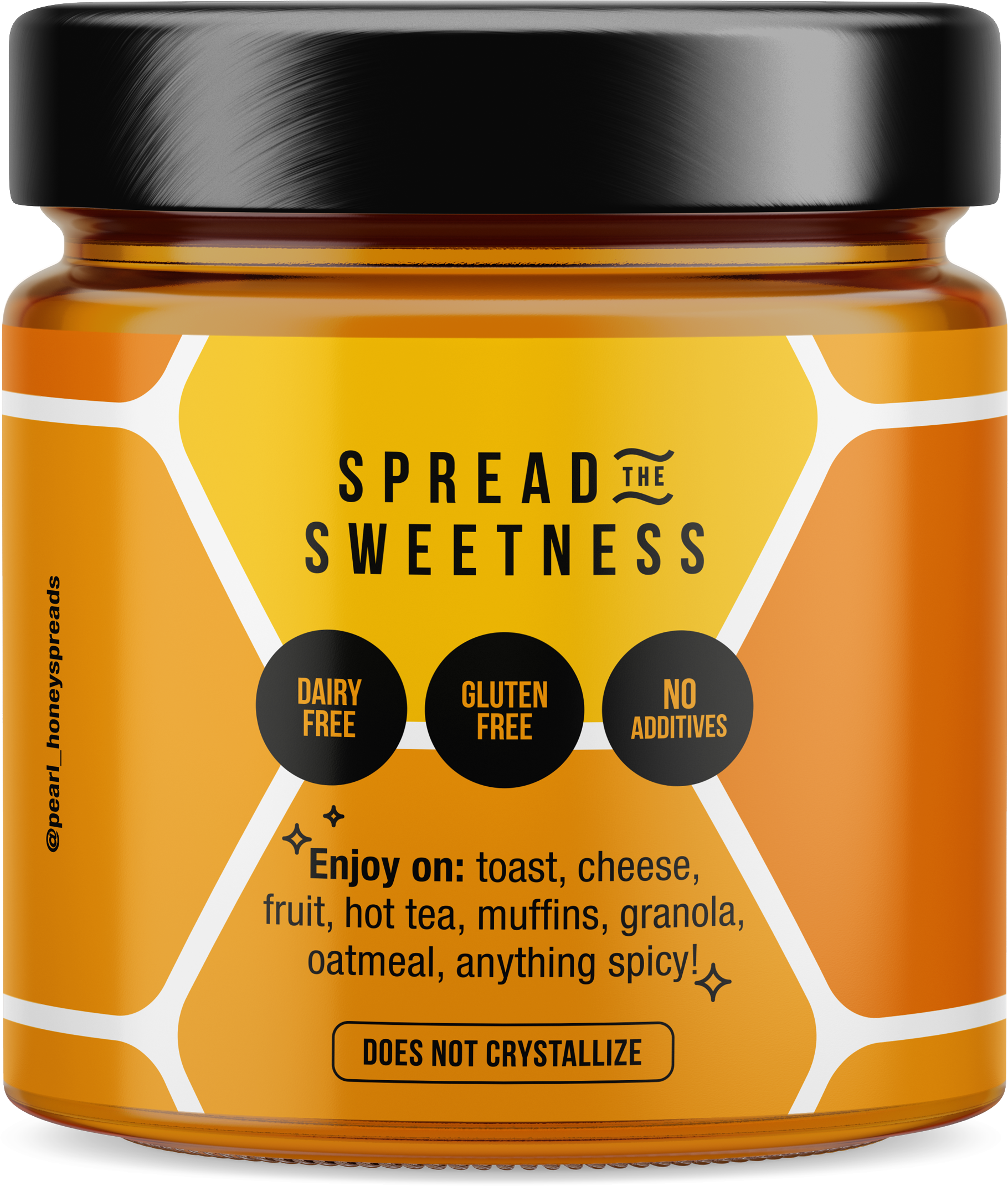Creamed honey jar with pumpkin spice flavor from Pearl Honey Spreads, featuring a label with pumpkin and spice design.
