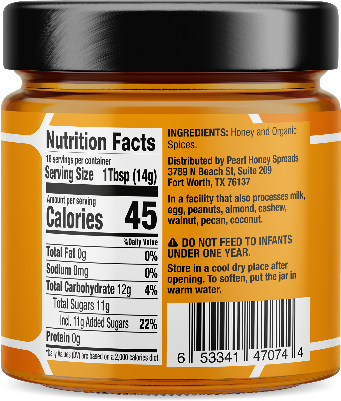 Side view of Pearl Honey Spreads Pumpkin Spice creamed honey jar with pumpkin spice flavor label and golden honey inside