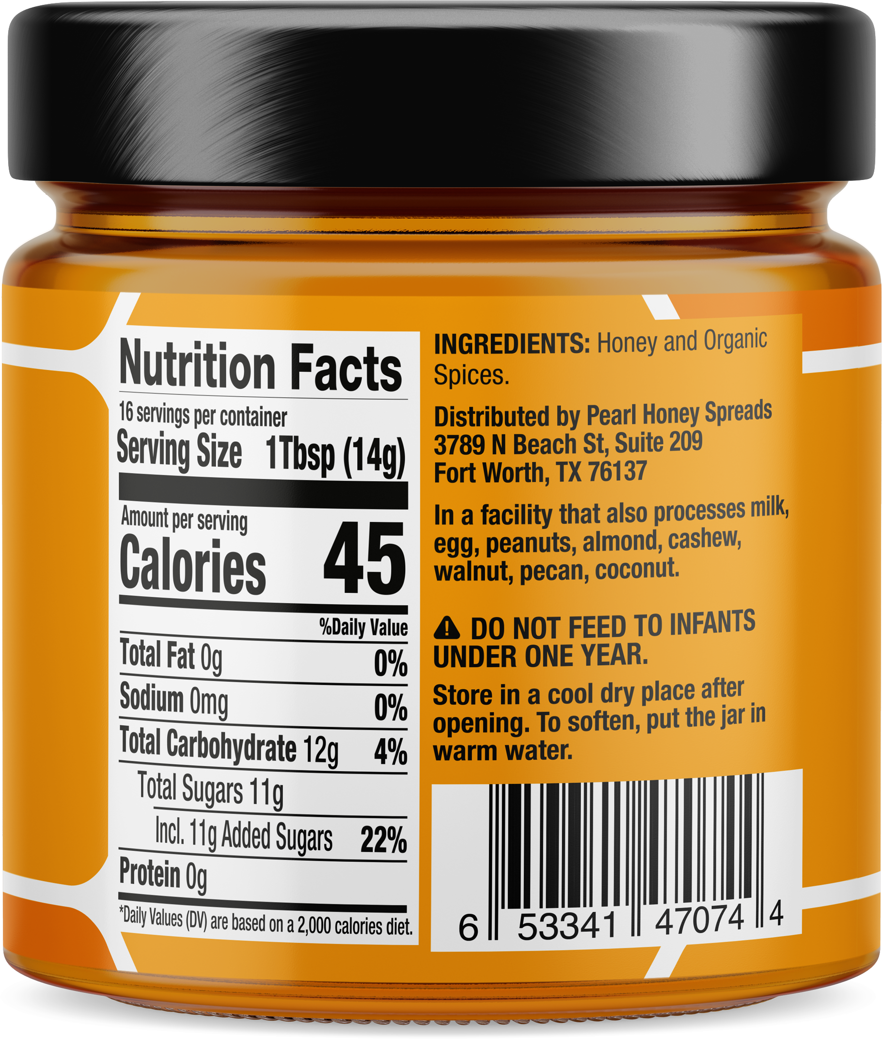 Side view of Pearl Honey Spreads Pumpkin Spice creamed honey jar with pumpkin spice flavor label and golden honey inside