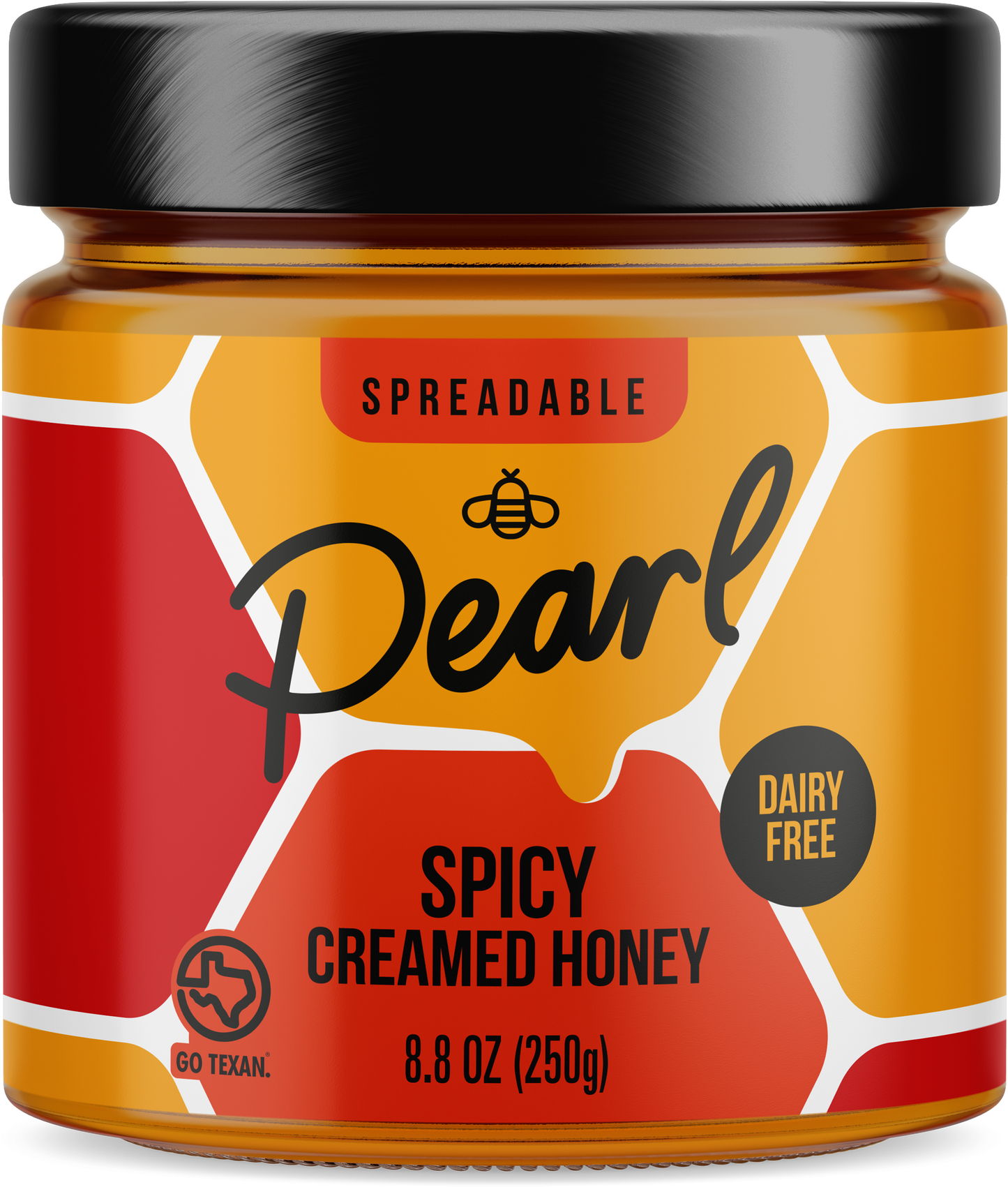 Creamed honey with spicy flavor from Pearl Honey Spreads, shown in a jar with a golden, textured appearance and a spicy infused scent.