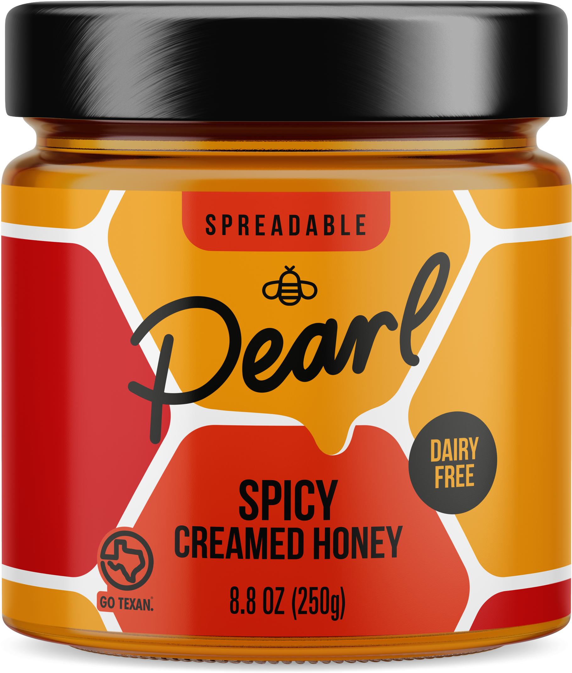 Creamed honey with spicy flavor from Pearl Honey Spreads, shown in a jar with a golden, textured appearance and a spicy infused scent.