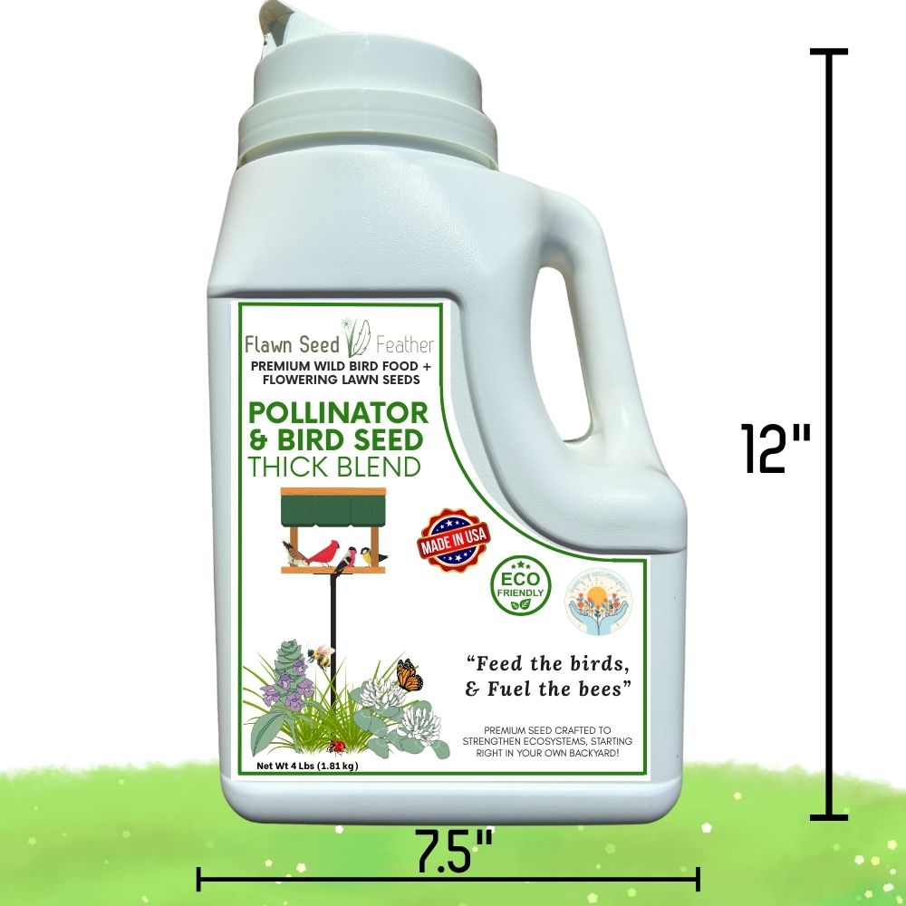 Four-pound jug of Flawn Seed Kits Pollinator and Wild Bird Seed Thick Bee Lawn Blend showing a lush, seed-filled container for attracting pollinators.