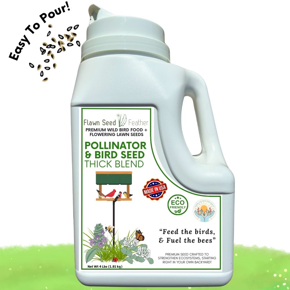 Four-pound jug of Flawn Seed Kits Pollinator and Wild Bird Seed Thick Bee Lawn Blend with colorful flowers and lush grass.