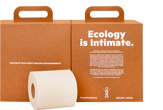 Single roll of PlantPaper bamboo toilet paper showing soft, eco-friendly toilet tissue with natural bamboo texture.