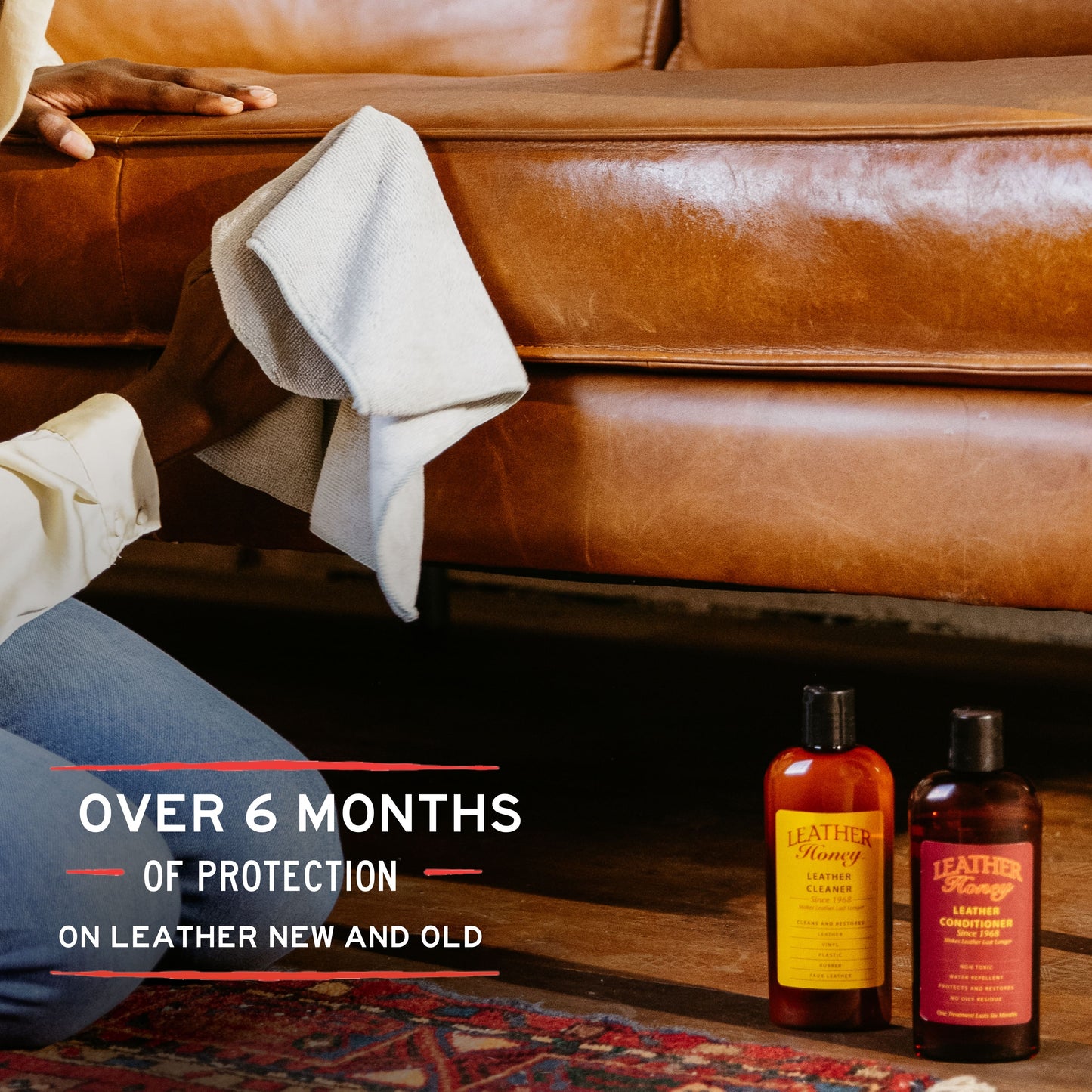 Leather Honey Leather Conditioner bottle, creamy formula for softening and conditioning leather surfaces.