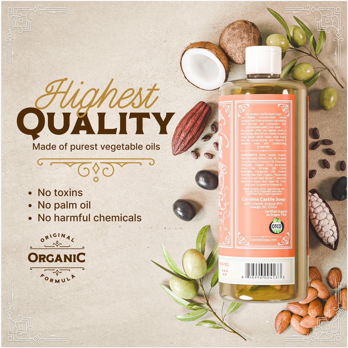 Botanical orange castile soap bottle by Carolina Castile Soap with vibrant orange liquid in a clear plastic container.