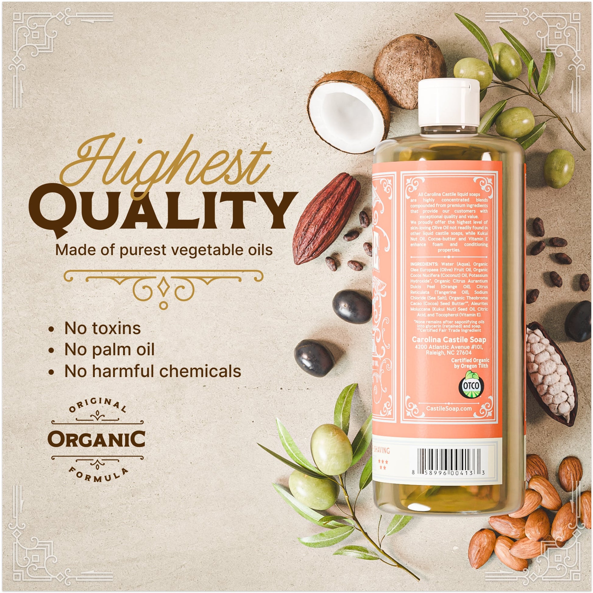 Botanical orange castile soap bottle by Carolina Castile Soap with vibrant orange liquid in a clear plastic container.