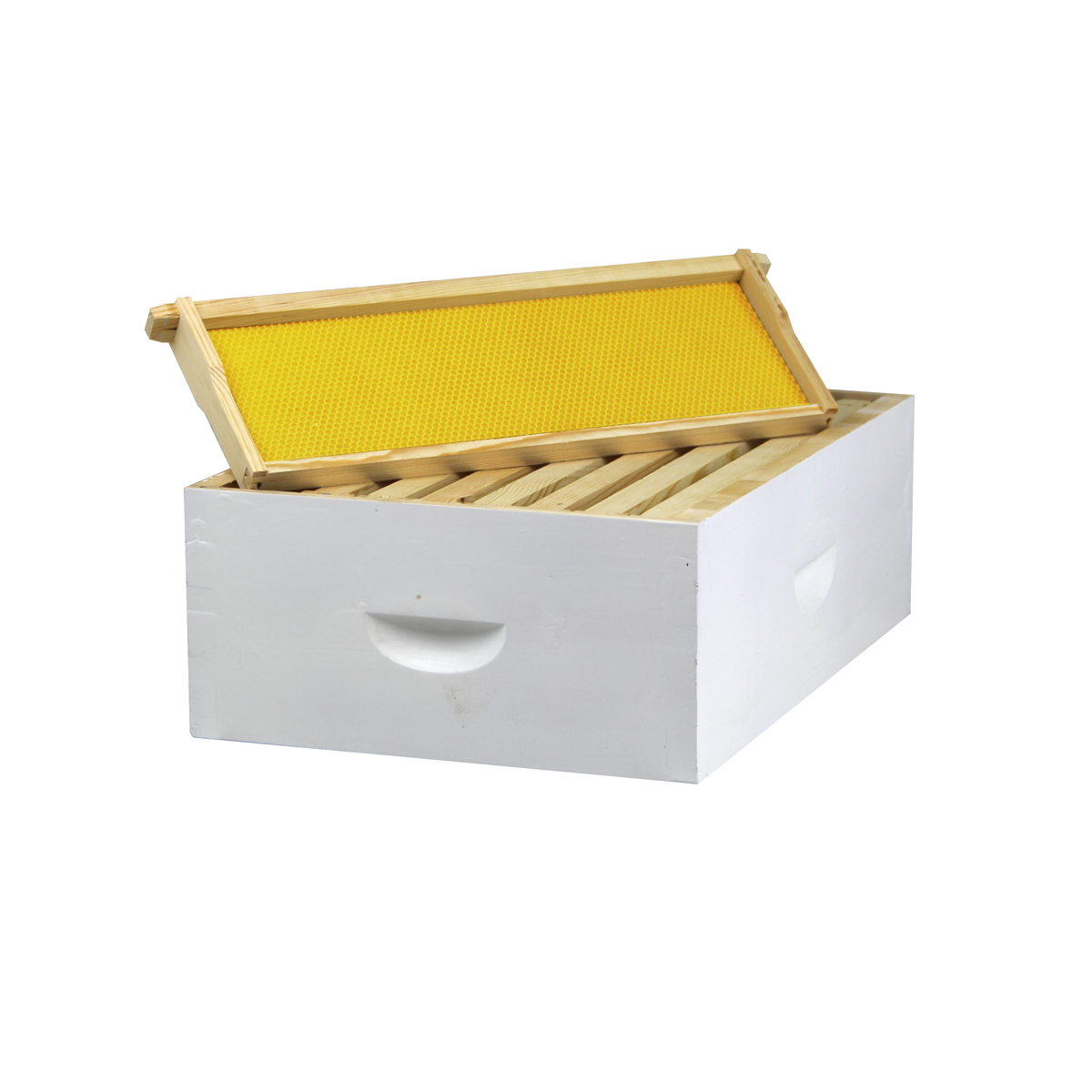Painted medium honey super from Galena Farms with assembled frames and wax-coated foundations, designed for beekeeping.