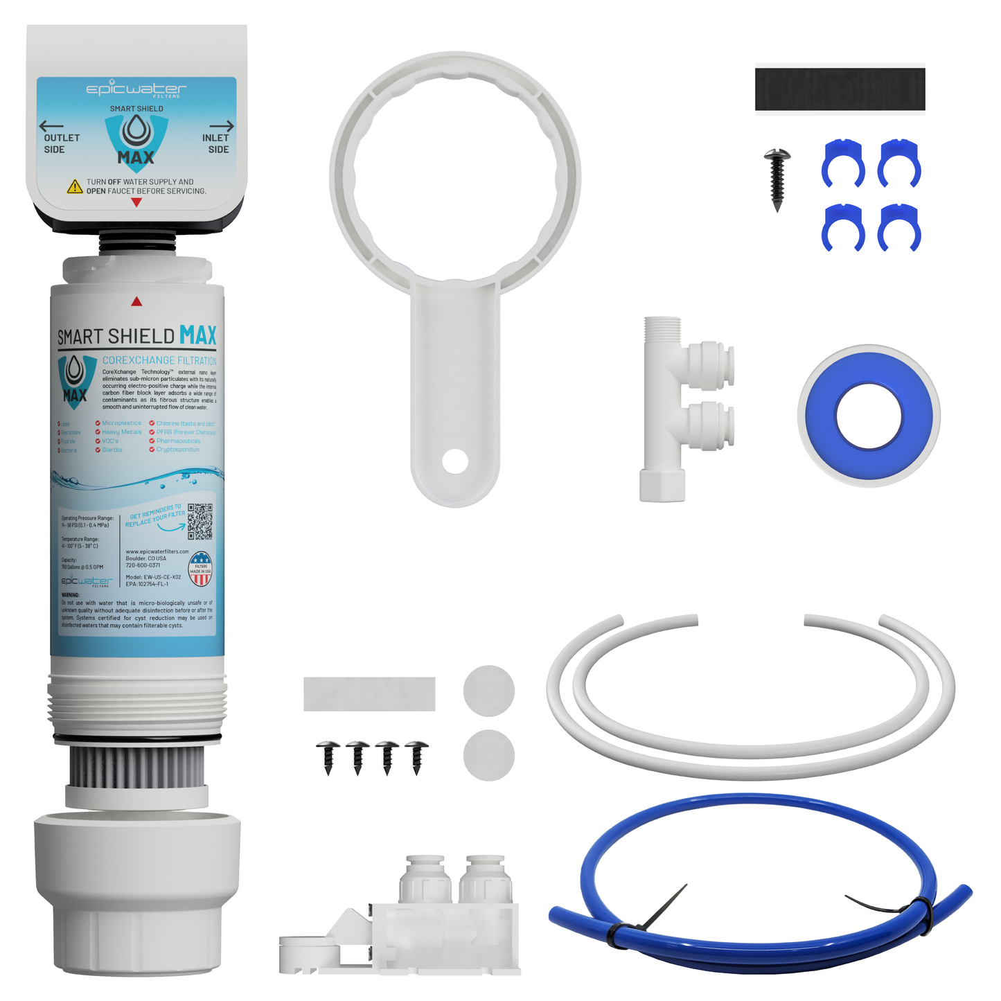 Diagram of parts for Epic Smart Shield Max under sink water filtration system by Epic Water Filters USA.