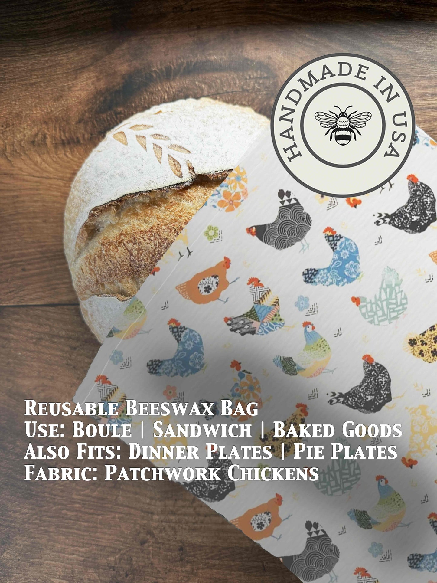 Beeswaxed bread bag with patchwork chicken design from Five Oaks Farm, showcasing a handcrafted, eco-friendly kitchen storage accessory.