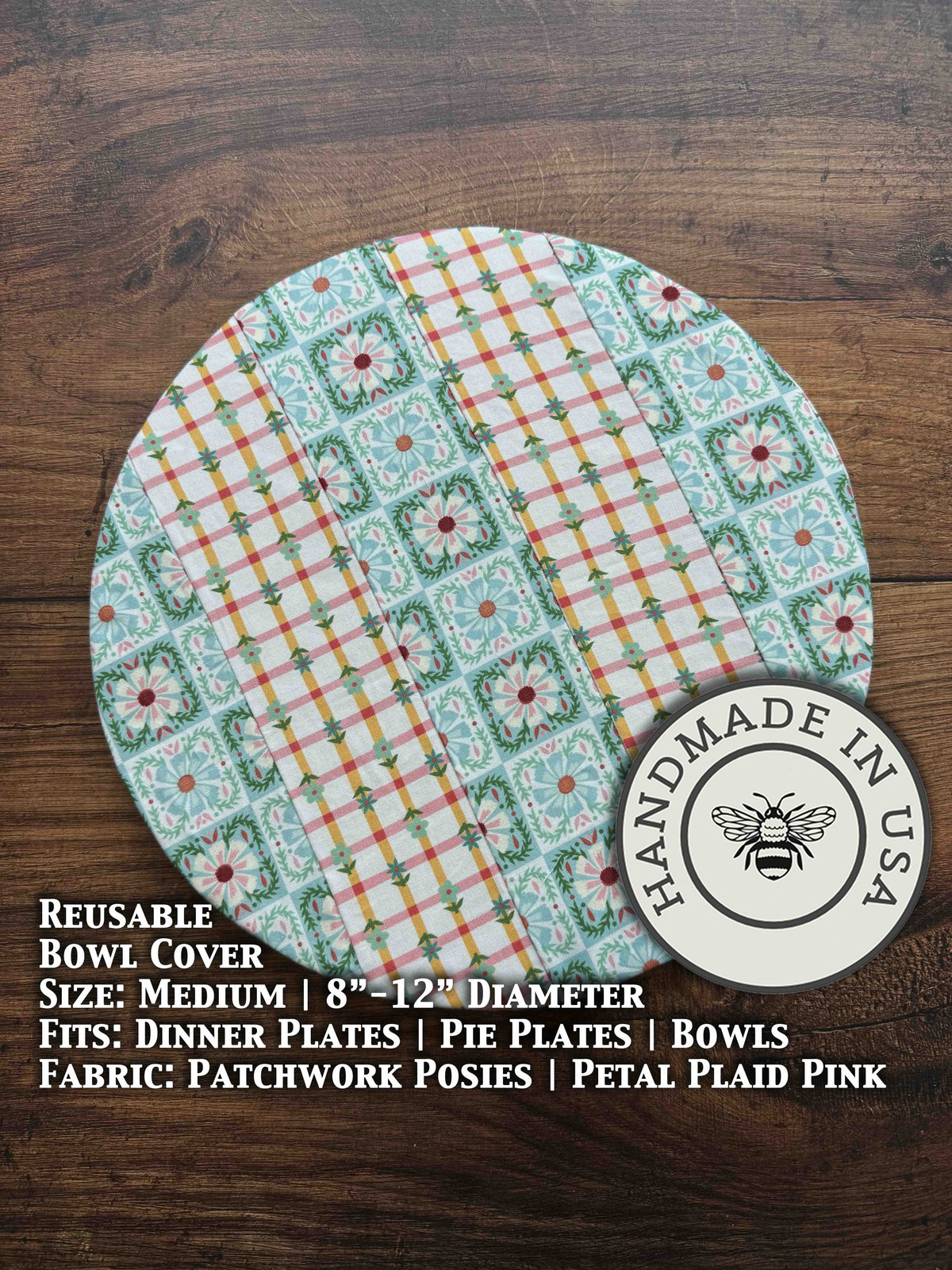 Medium bowl and banneton covers from Five Oaks Farm featuring patchwork and floral posies design for baking and bread proofing.
