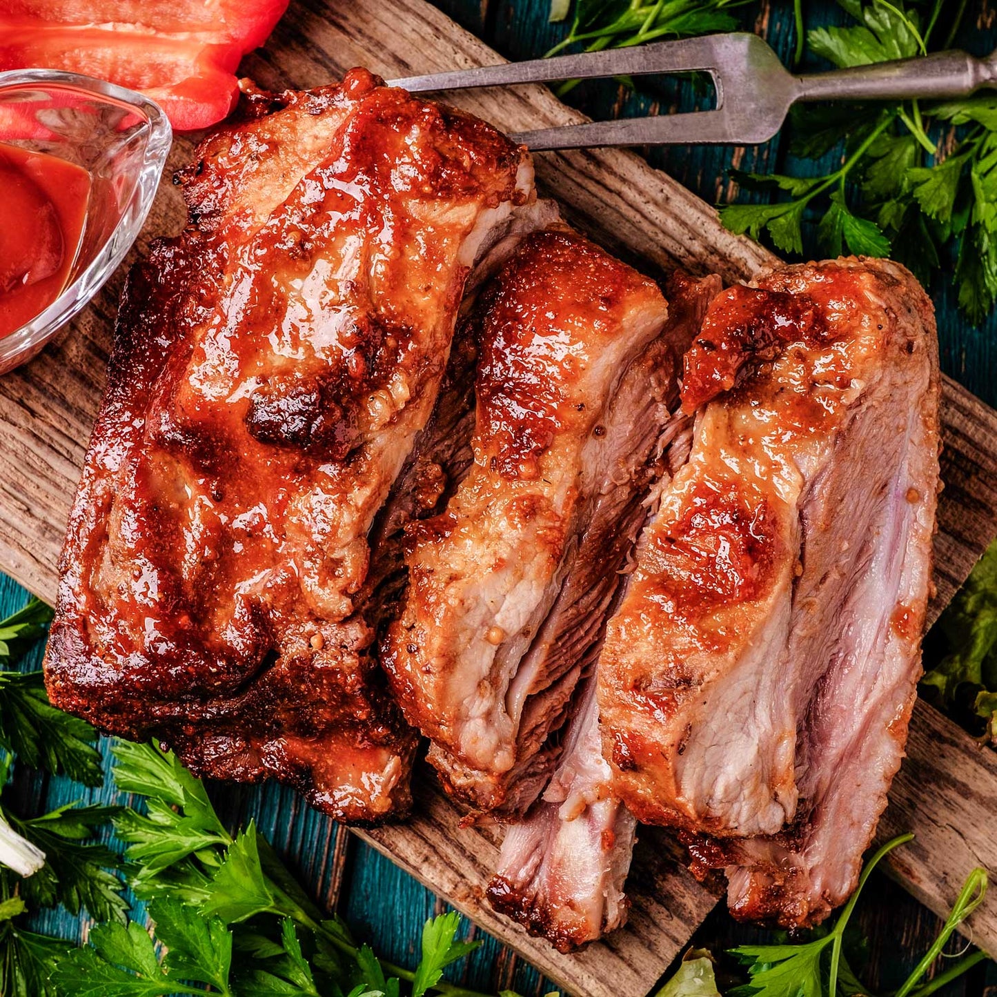 Juicy Peach Sriracha Baby Back BBQ Ribs from Pig of the Month BBQ, glazed with spicy peach sauce, ready to serve