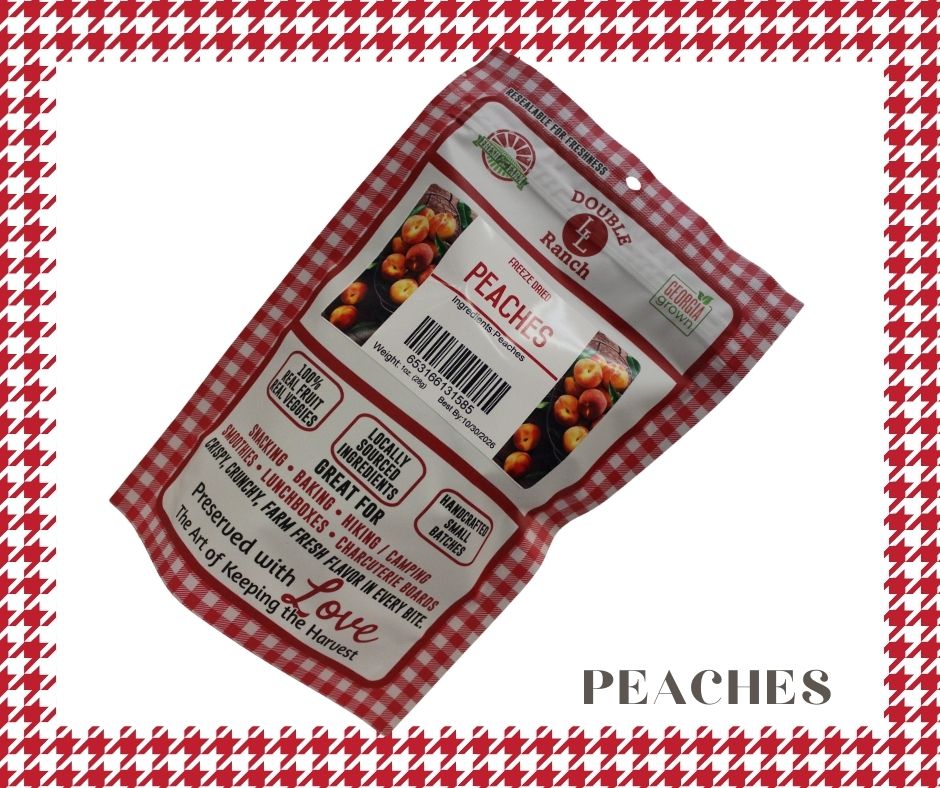 Freeze-dried peaches from Double L Ranch, showcasing vibrant, dried peach slices with a natural, textured appearance.