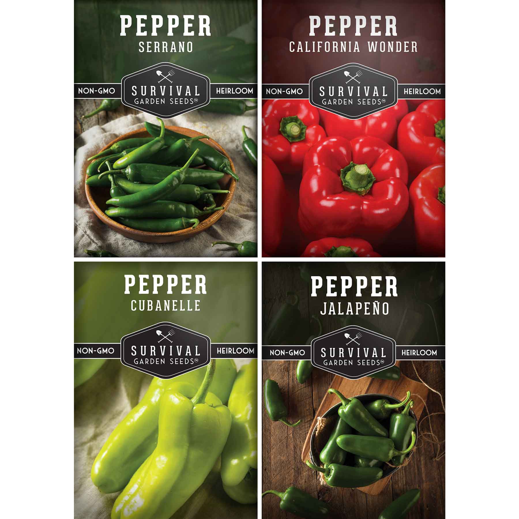 Set of four heirloom, non-GMO hot and sweet pepper seeds from SurvivalGardenSeeds for salsas, roasting, and fresh garden harvests.