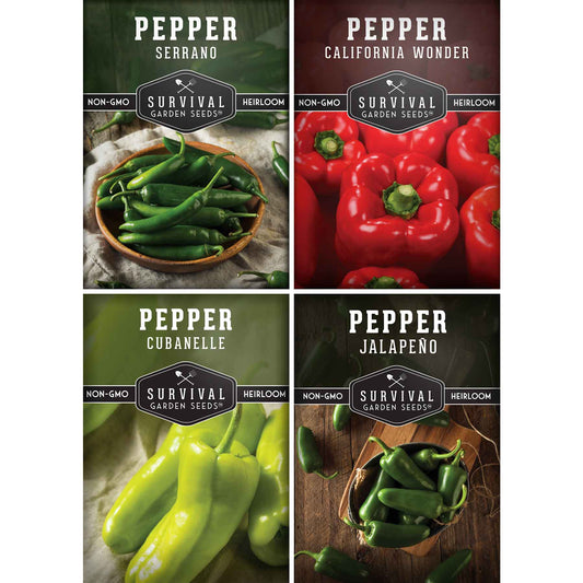 Set of four heirloom, non-GMO hot and sweet pepper seeds from SurvivalGardenSeeds for salsas, roasting, and fresh garden harvests.