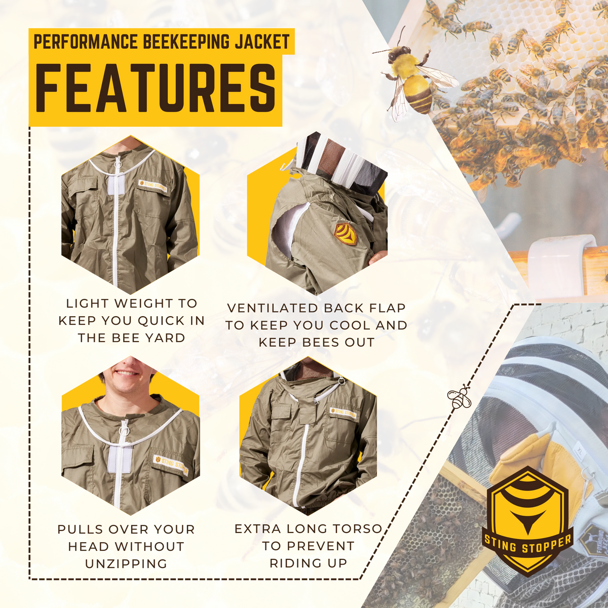 Foxhound Bee Company performance beekeeping jacket, protective beekeeping clothing with mesh ventilation and durable fabric.