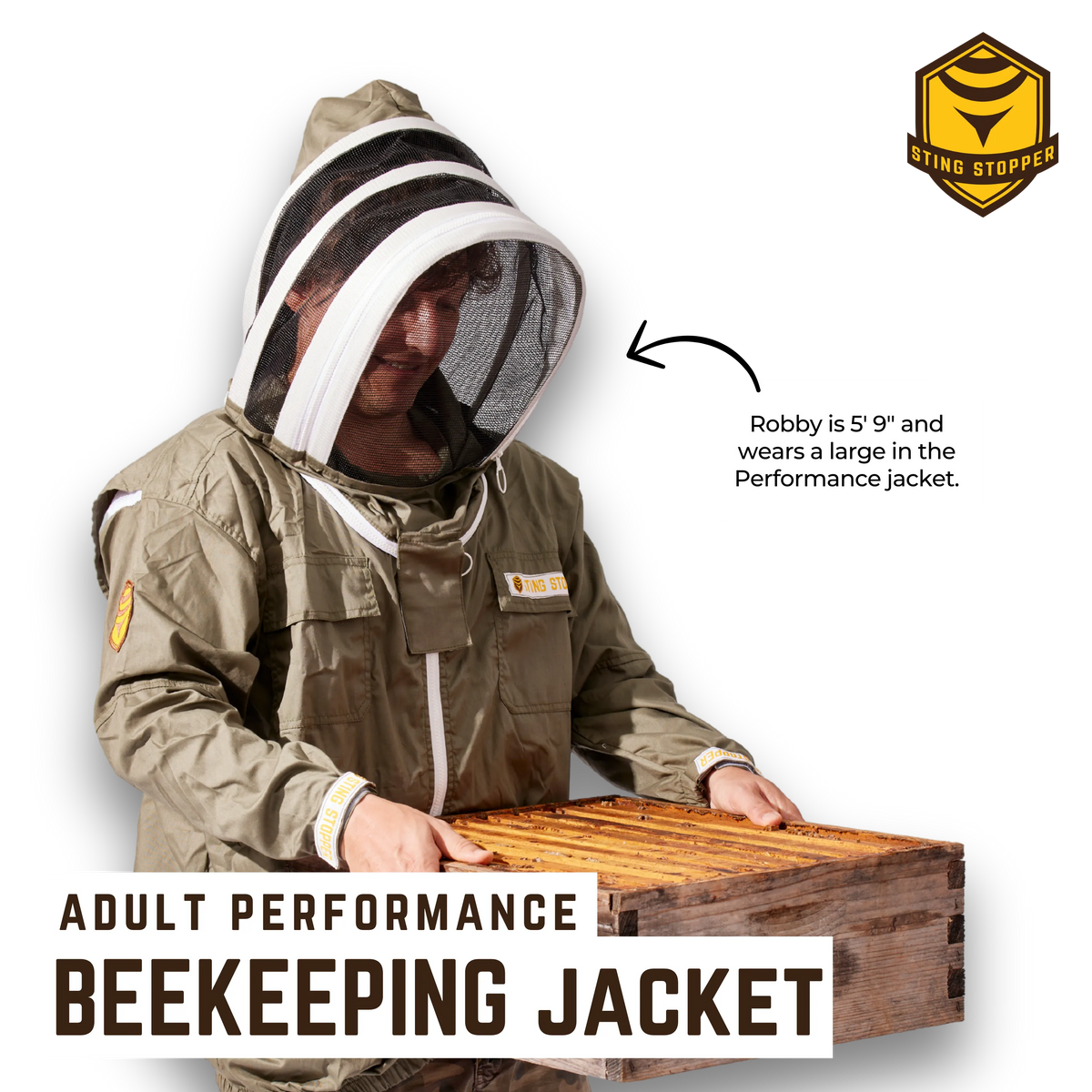 Foxhound Bee Company performance beekeeping jacket shown, lightweight protective clothing with mesh ventilation and secure closures.