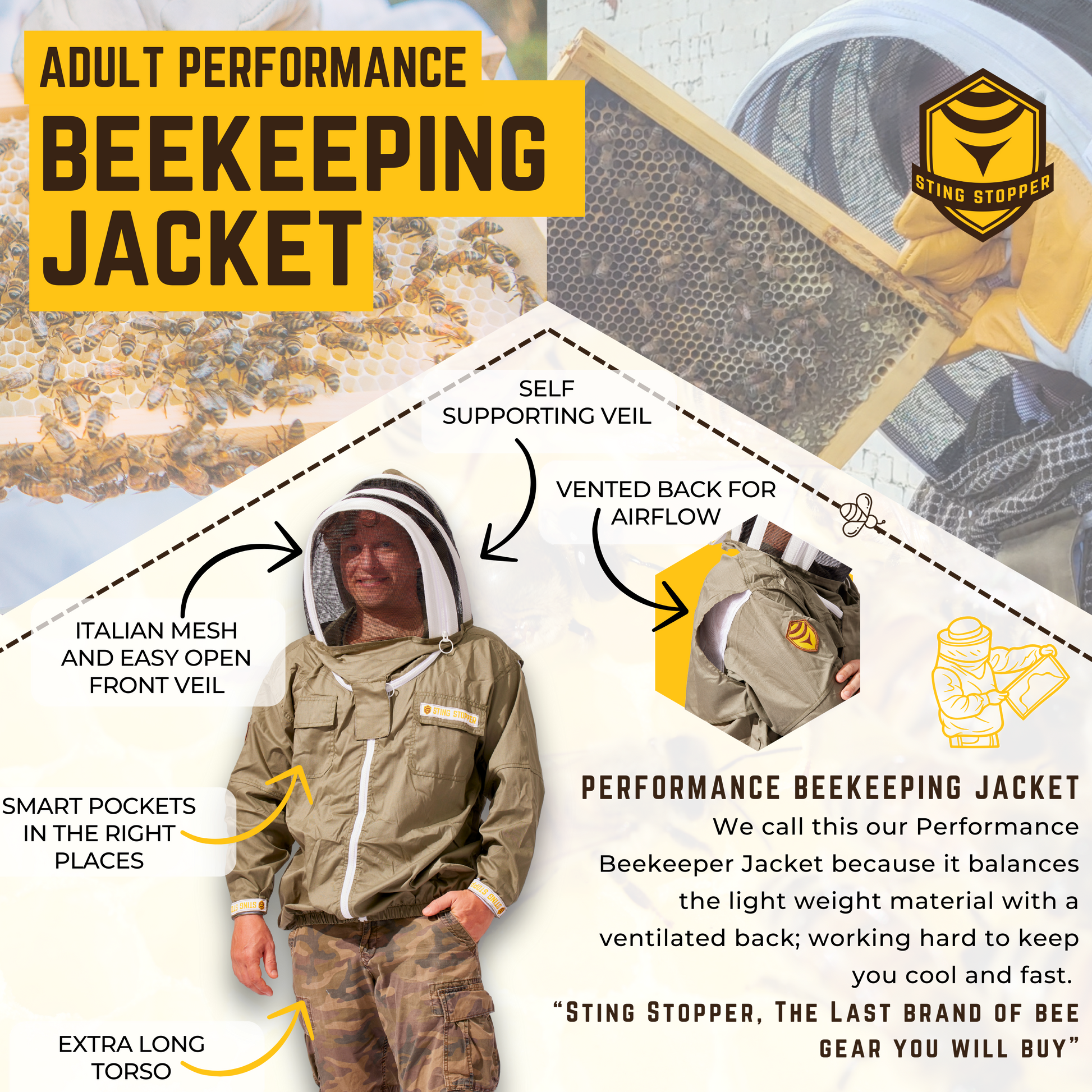 Beekeeping jacket by Foxhound Bee Company featuring protective mesh and durable fabric for safe hive inspections.
