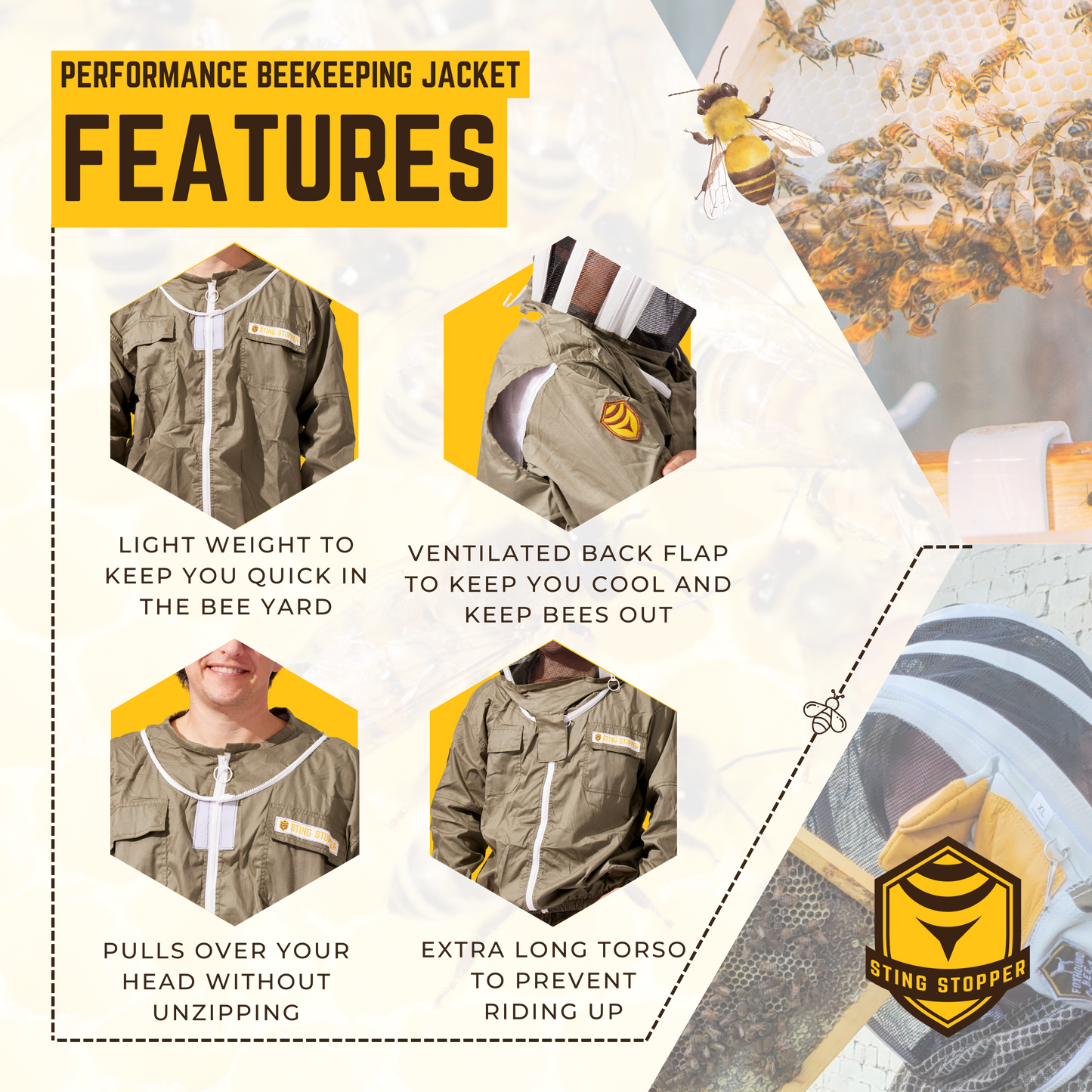Beekeeping jacket from Foxhound Bee Company, lightweight protective beekeeping clothing with mesh ventilation and full front zipper.