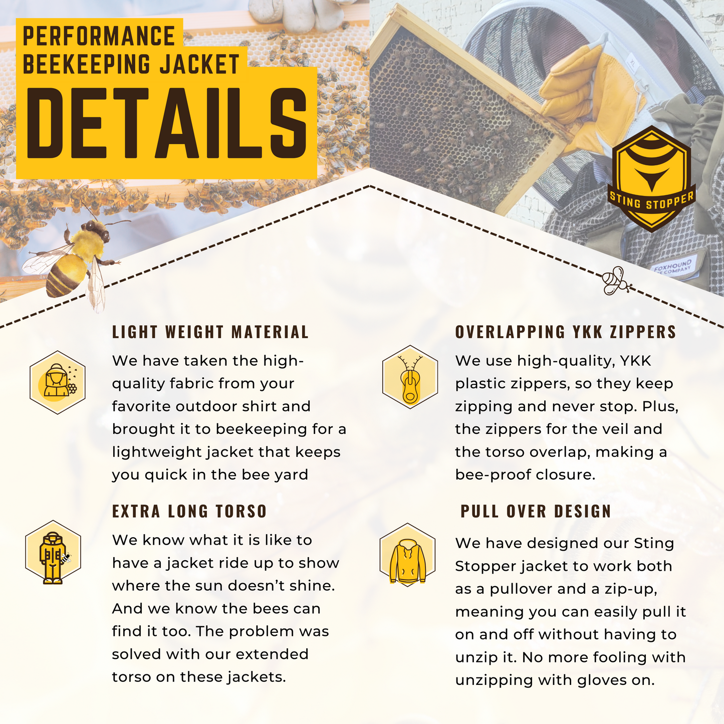 Beekeeping jacket by Foxhound Bee Company, lightweight protective clothing with mesh ventilation and full front zipper for beekeepers.