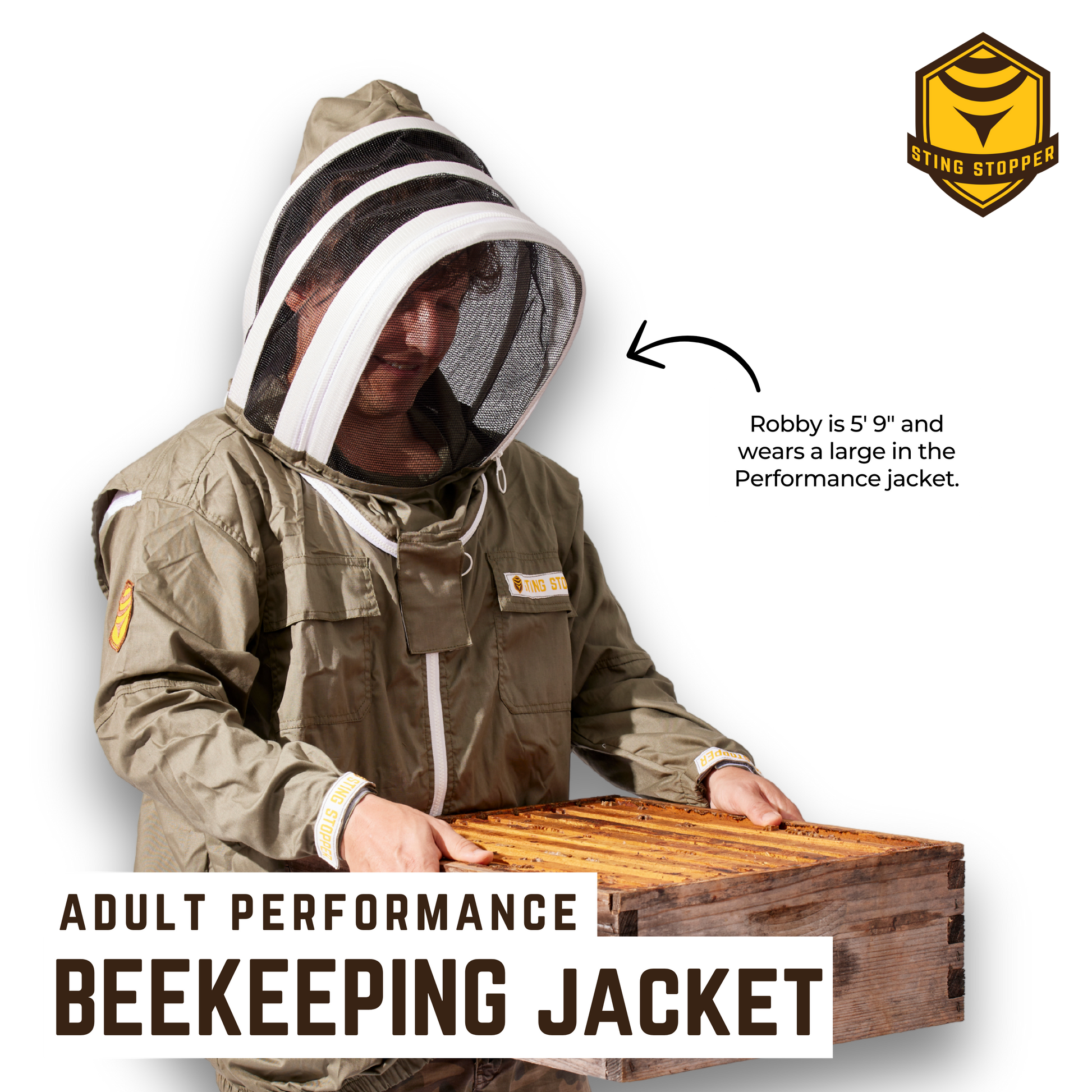 Beekeeping jacket from Foxhound Bee Company, lightweight protective beekeeping clothing with mesh ventilation and secure closure.