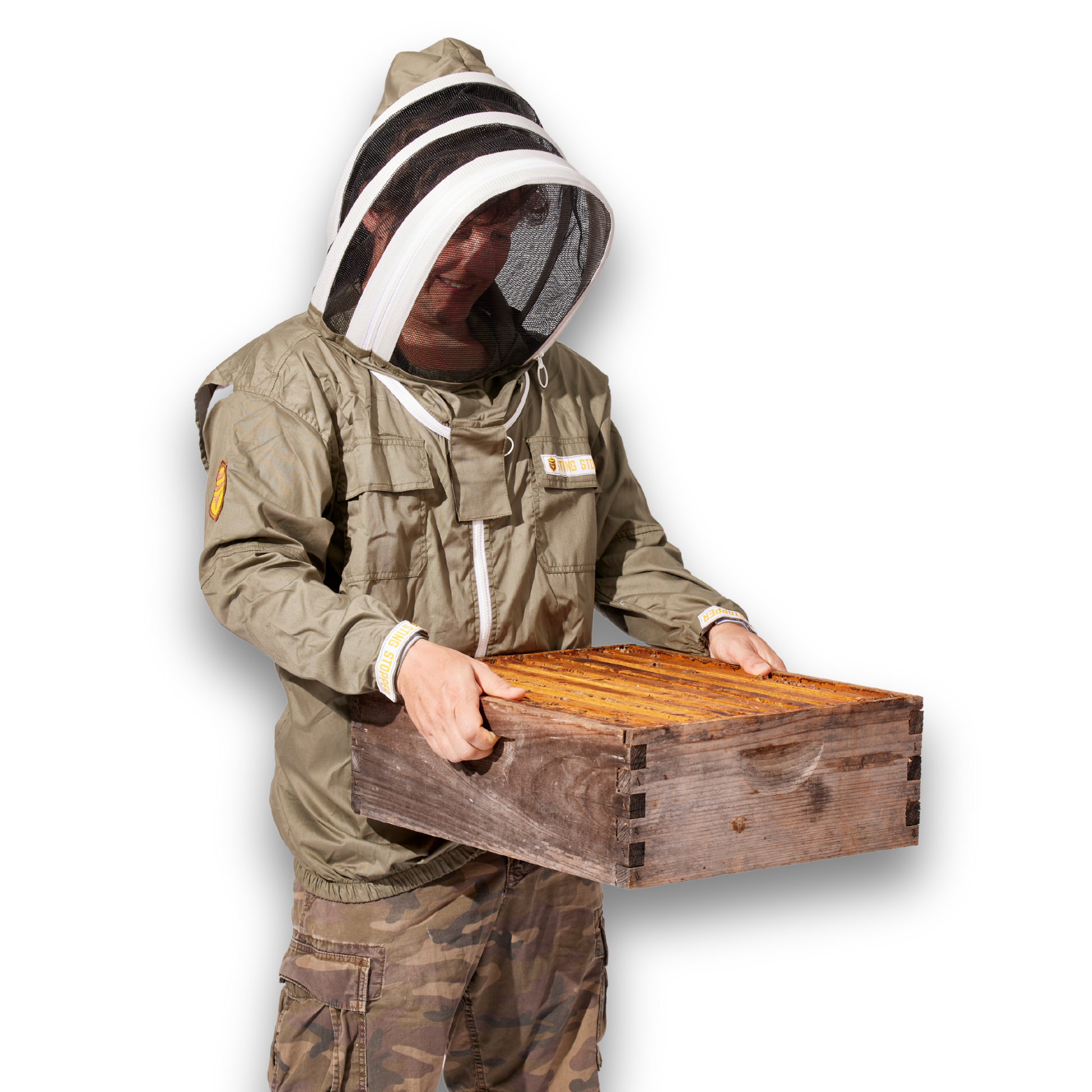 Beekeeping performance jacket from Foxhound Bee Company with protective mesh and durable fabric for safe hive management.