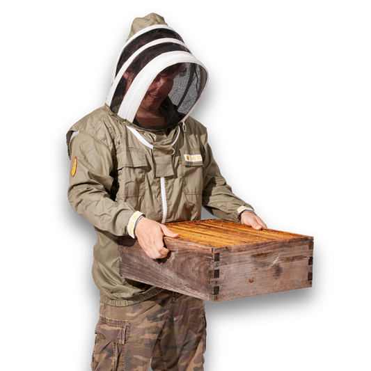 Beekeeping performance jacket from Foxhound Bee Company with protective mesh and durable fabric for safe hive management.