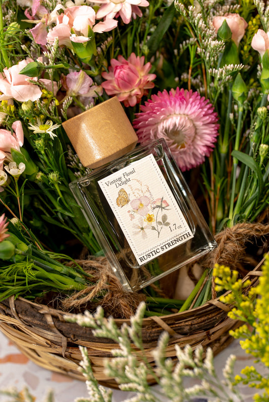 Rustic Strength Vintage Floral Delight perfume bottle, 1.7oz with floral-themed label and elegant glass design.