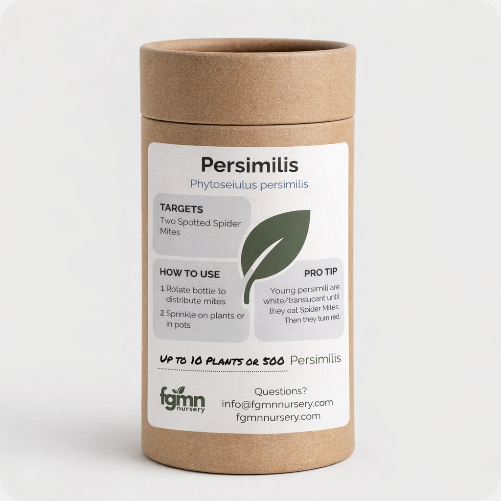 FGMN Nursery Phytoseiulus persimilis treatment bottle for natural pest control, shown in a clear, labeled bottle for beneficial mite release.
