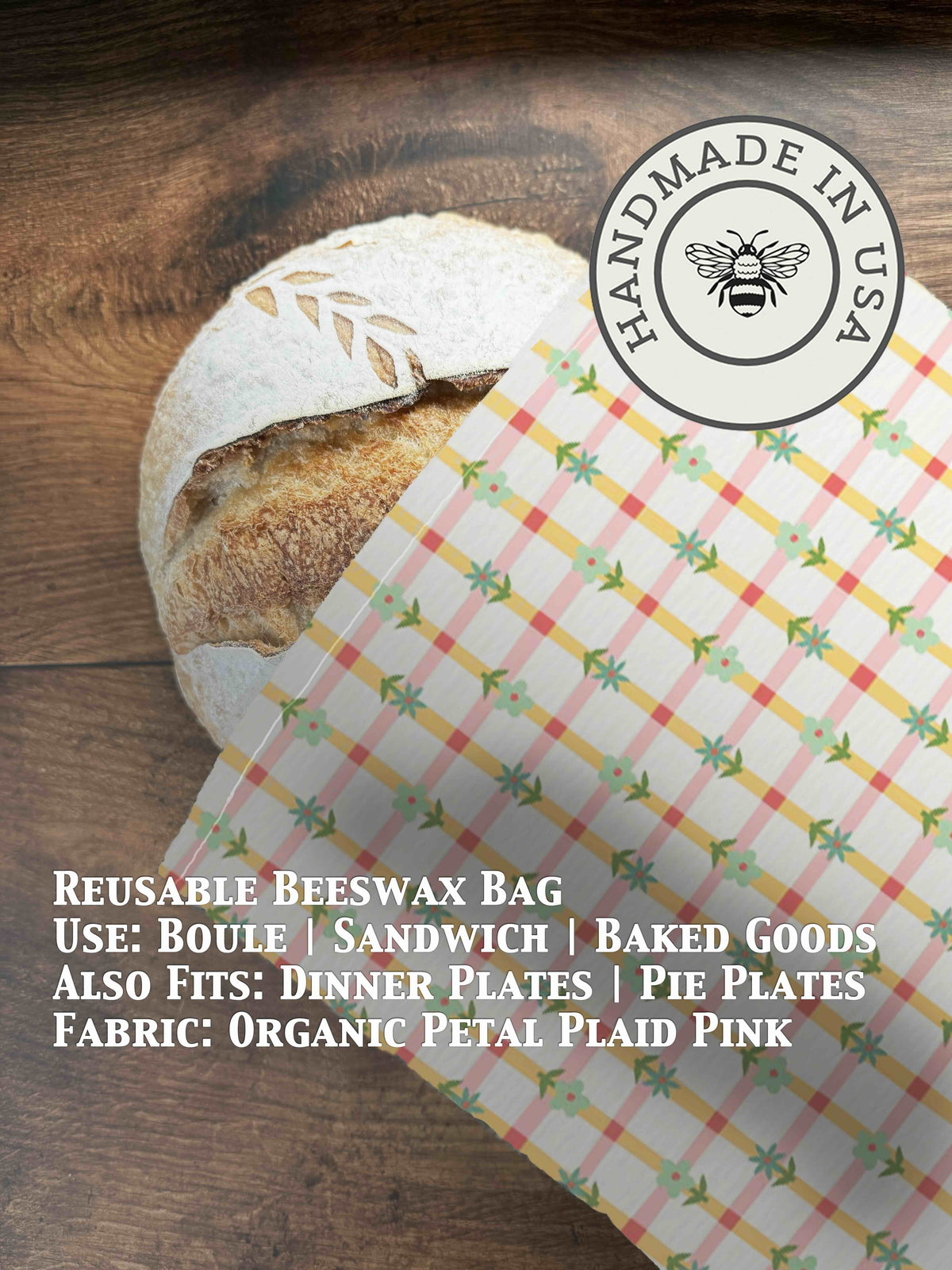 Pink beeswaxed bread bag from Five Oaks Farm with petal plaid design, perfect for storing and transporting baked goods.