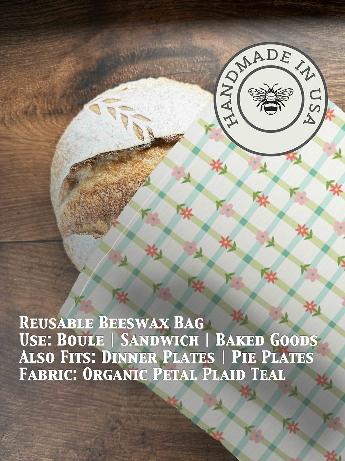Beeswaxed bread bag from Five Oaks Farm with a teal petal plaid design, eco-friendly storage for bread and baked goods.