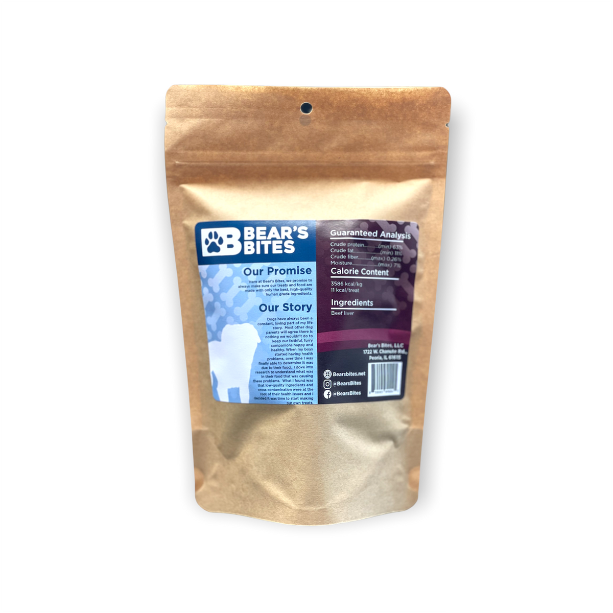 Dehydrated beef liver dog treats from Bear's Bites, showing a close-up of the single ingredient, natural and suitable for dogs.