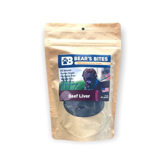 Dehydrated beef liver dog treats from Bear's Bites, single ingredient, natural chewy treats for dogs, shown in close-up.