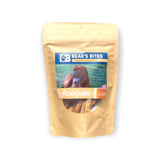 Dehydrated chicken dog treats from Bear's Bites, single ingredient, natural and crunchy for healthy pet snacking.