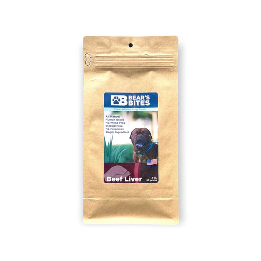 Freeze dried beef liver treats for dogs and cats from Bear's Bites, showing crispy, natural single ingredient pet treats.