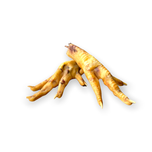 Dehydrated chicken feet dog chews from Bear's Bites, showing crunchy, natural dog treat with textured chicken foot surface.