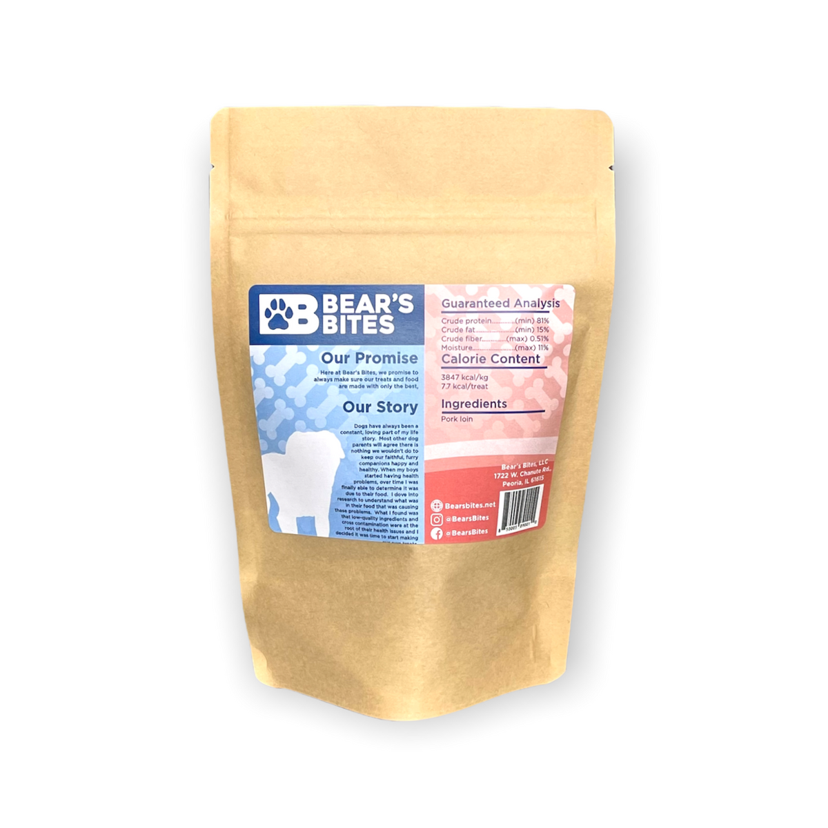Dehydrated pork loin dog treats from Bear's Bites, single ingredient, natural snack for dogs on a white background.