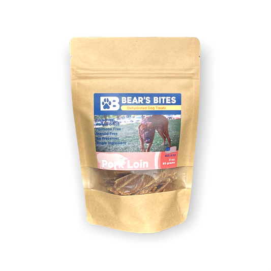 Dehydrated pork loin dog treats from Bear's Bites, single ingredient, natural and crunchy pet treats for dogs.