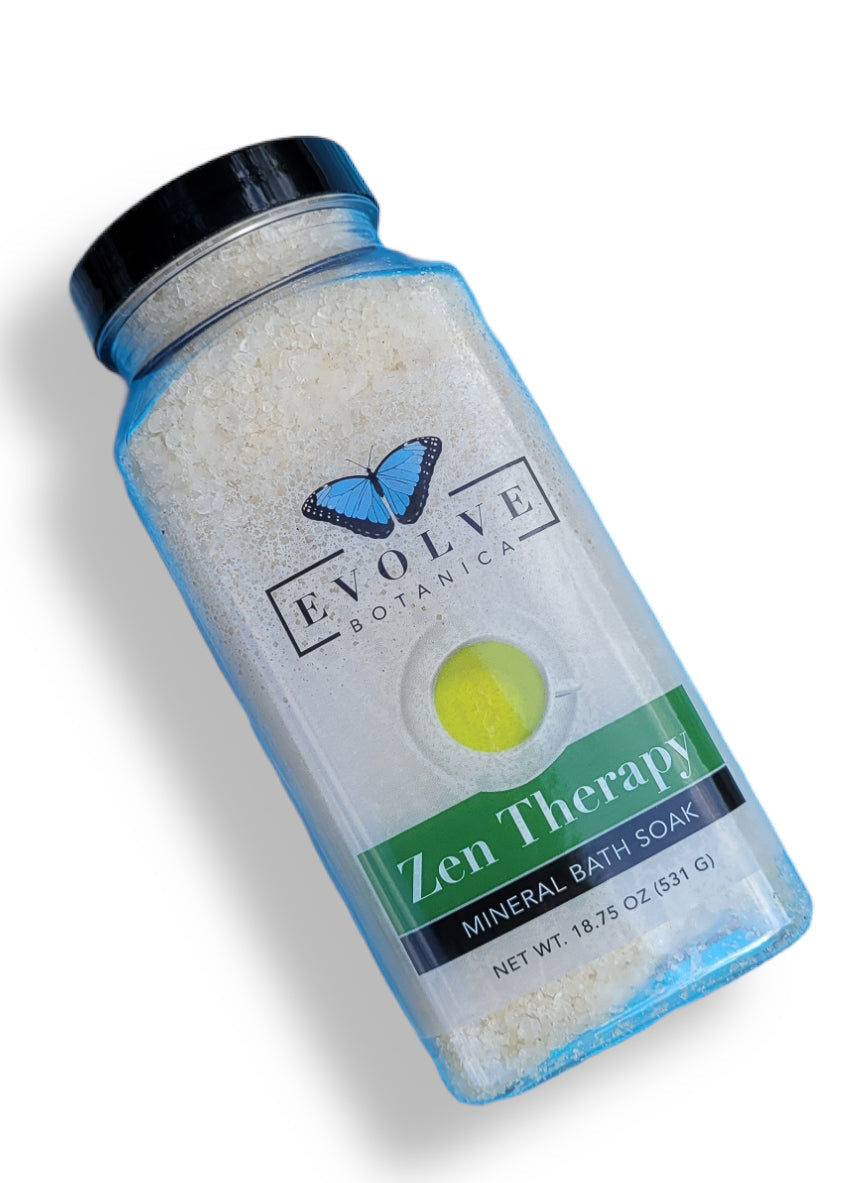 Evolve Botanica Mineral Soak Zen bath salt in a jar with natural herbs and minerals for relaxing bath experience.