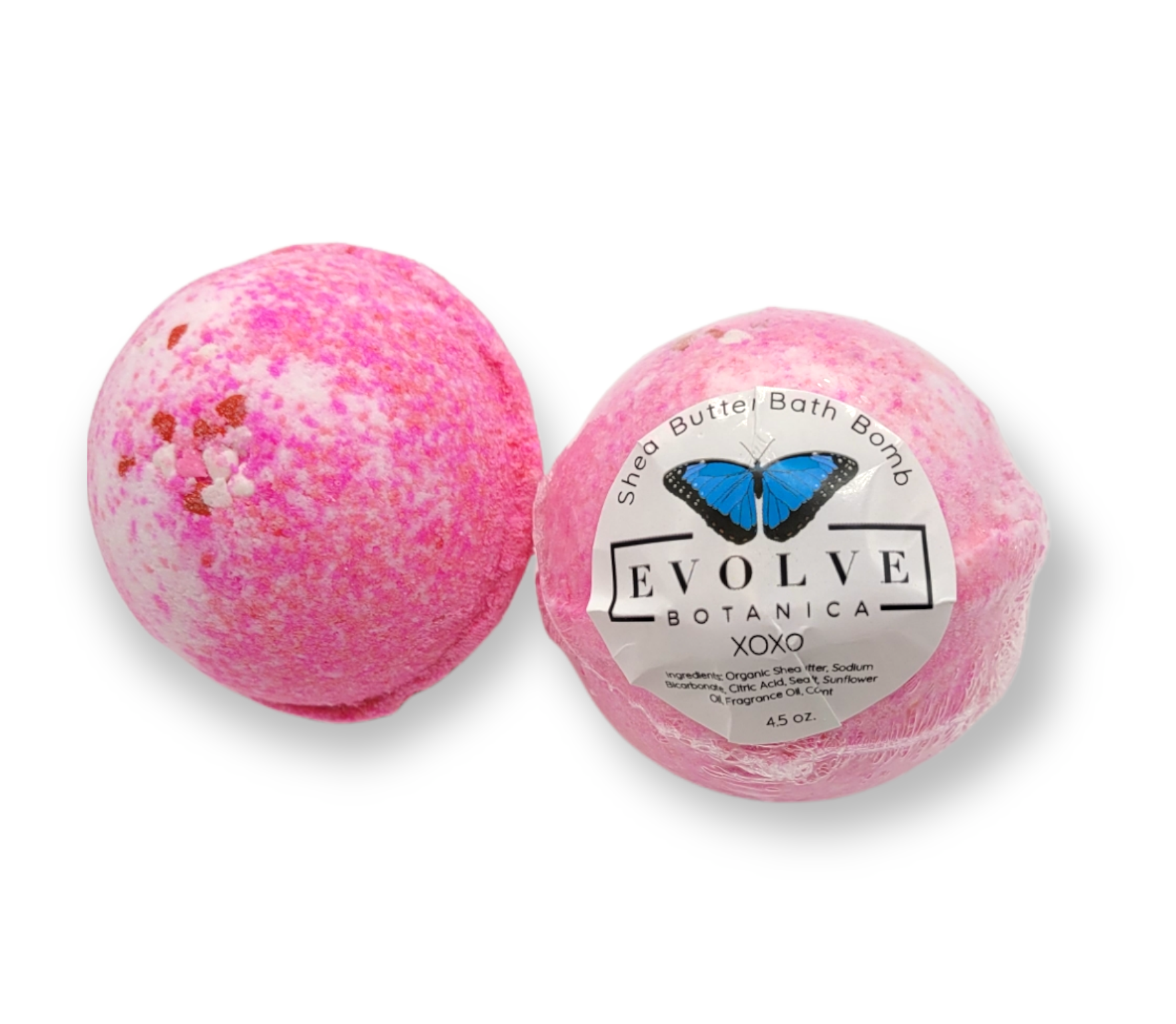 Evolve Botanica XOXO bath bomb with vibrant colors and floral accents, designed for relaxing bath experiences.