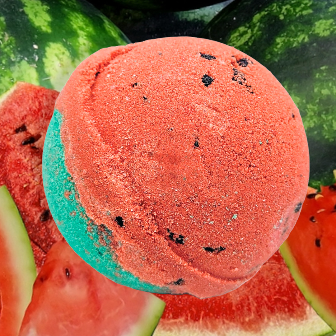 Evolve Botanica Watermelon Sugar bath bomb with vibrant pink and green colors, spherical shape, and textured surface.