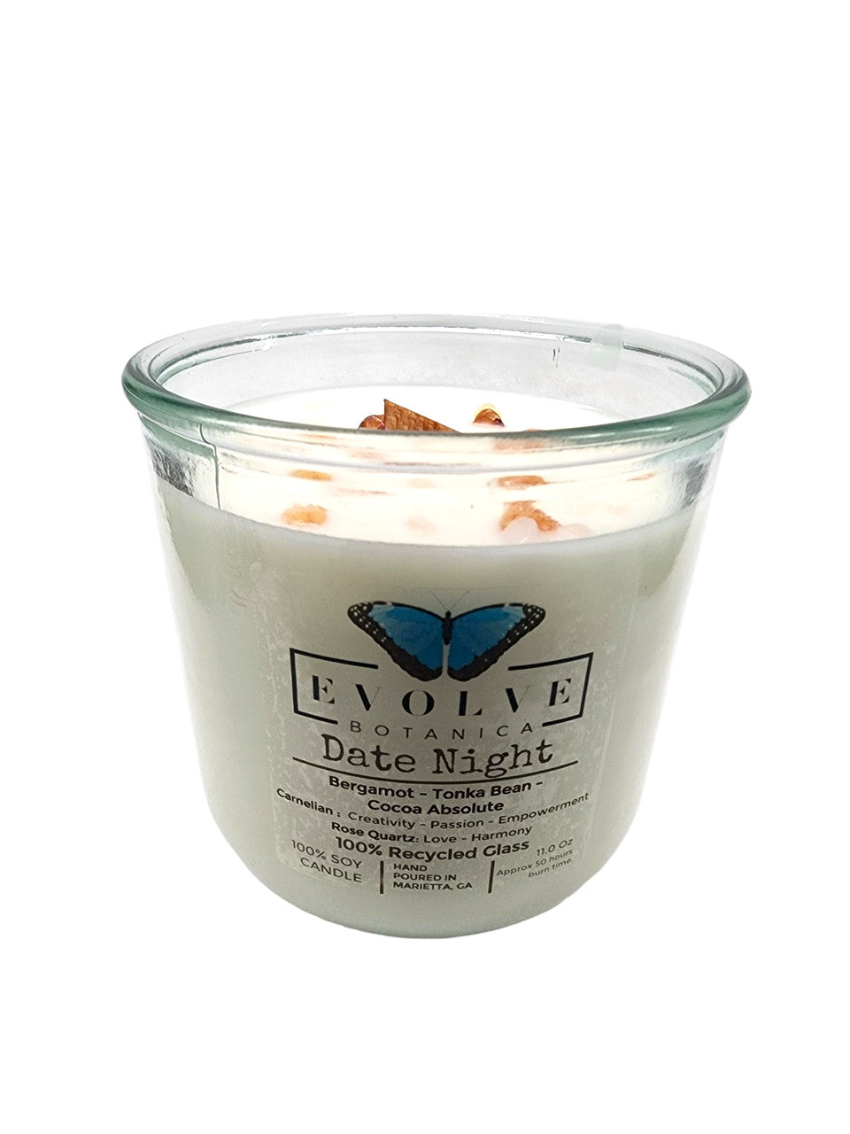 Rocks Candle Date Night by Evolve Botanica featuring a rose quartz and carnelian gemstone soy candle with a wood wick.