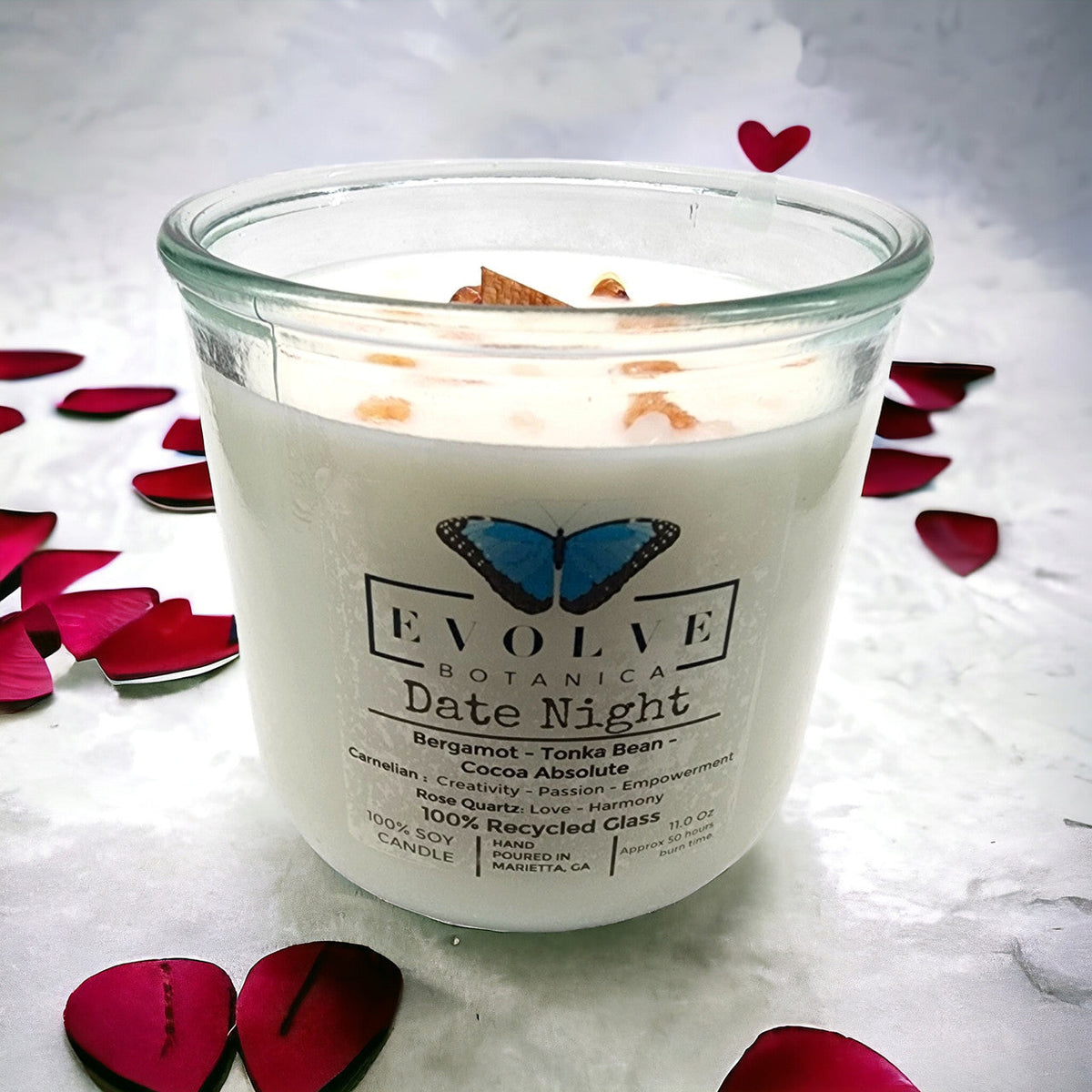 Evolve Botanica Rocks Candle Date Night with rose quartz and carnelian gemstones, wooden wick soy candle for a romantic ambiance