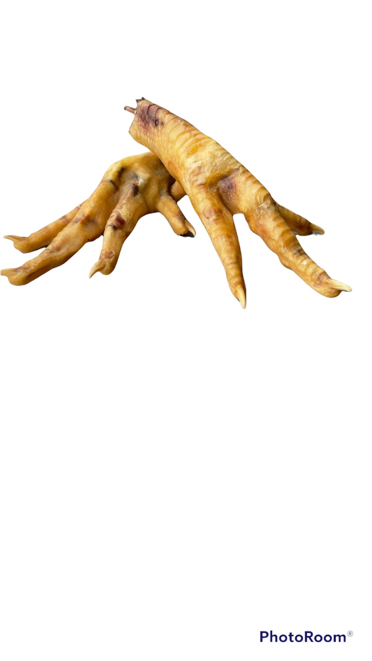 Dehydrated chicken feet dog chews from Bear's Bites, showing crispy, natural dog treats with visible chicken feet texture.