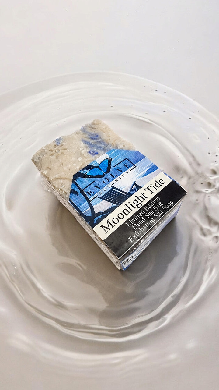 Evolve Botanica Moonlight Tide limited edition salt bar soap with a sleek, natural packaging and a calming, moonlit design.