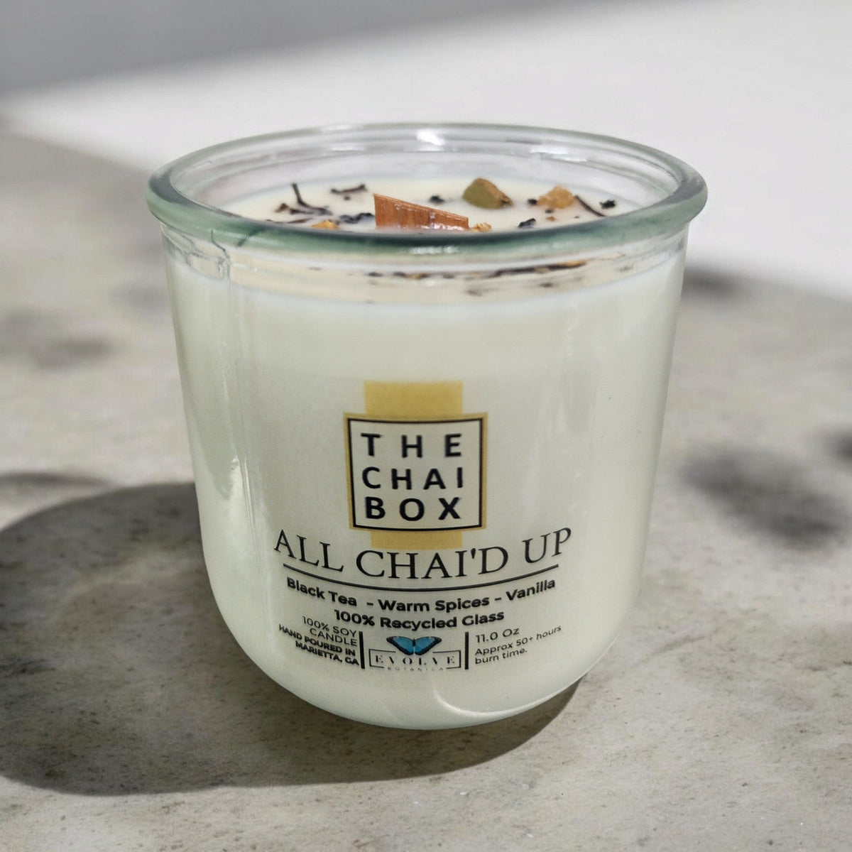 Evolve Botanica Rocks Candle Chai with wood wick and gemstone in a glass jar, soy wax, cozy and decorative for home ambiance