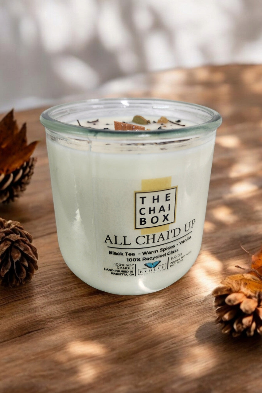 Evolve Botanica Rocks Candle Chai with wood wick and gemstone accents, soy candle in a decorative jar for cozy ambiance